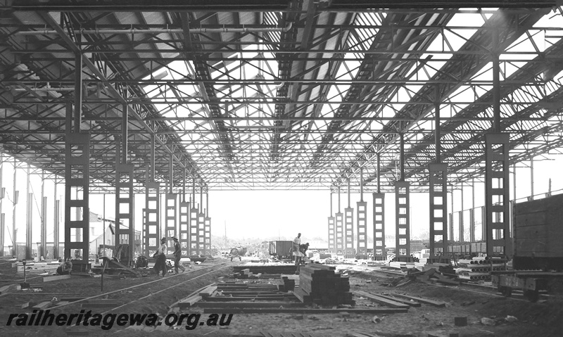 P23262
Construction of the Shell Machining Annex, internal view with workers present, Midland Workshops.  ER line.. See also P23333
