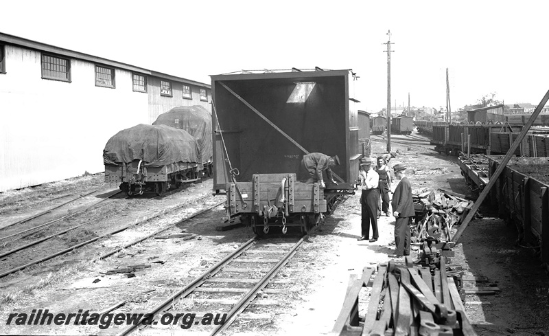 P23307
Oversized load loaded onto H class foue wheel low sided wagon, Perth Goods  Yard. ER line.
