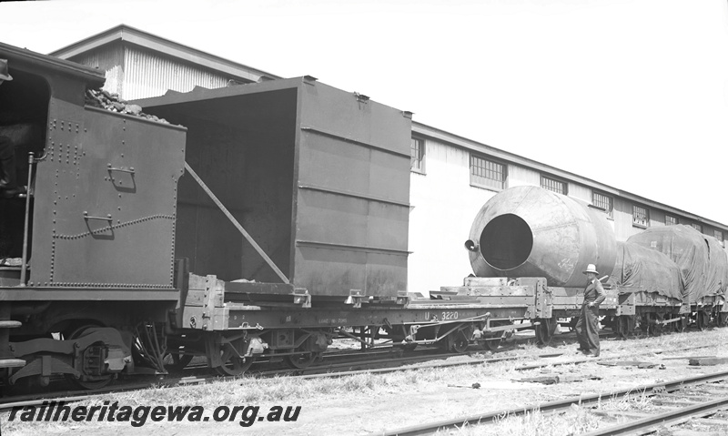 P23308
Oversized load loaded onto U class 3220 bogie flat wagon, Perth Goods  Yard. ER line.
