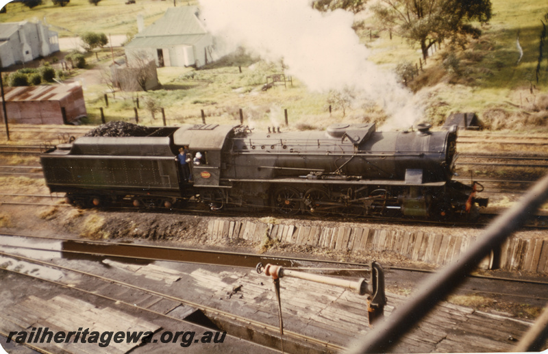 P23366
V class 1209, water column, engine pit, loco depot, York, GSR line, elevated side view, ARHS tour to York
