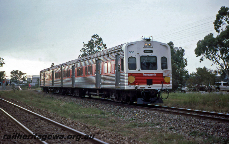 P23390
ADC class 853, ADL class 803, with pair of yellow discs on front, platform, Maddington, SWR line, side and end view
