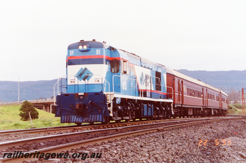 P23426
BHP Port Kembla D class 51  former WAGR K class 203 and GML class 9 hauling a special passenger train.  
