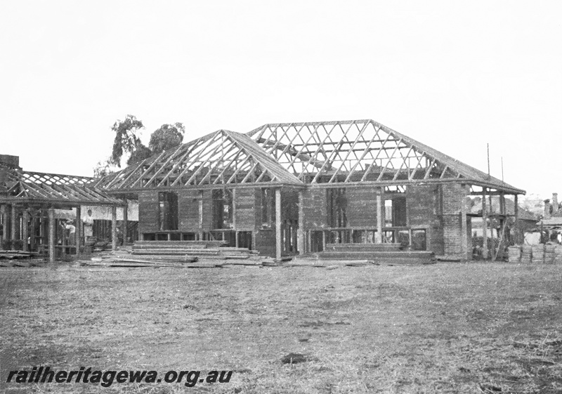 P23442
Barracks construction, Northam, ER line, ground level view. See P23352 for a view of the completed building
