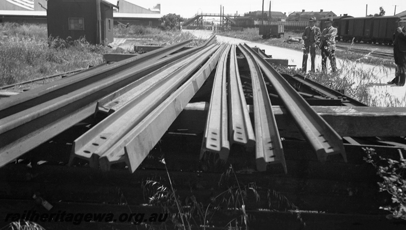 P23452
Rails in yard, officials, footbridge, ground level view
