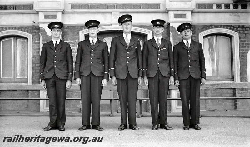 P23465
Group of 5 men, Annual Inspection of Ambulance Teams, ground level view
