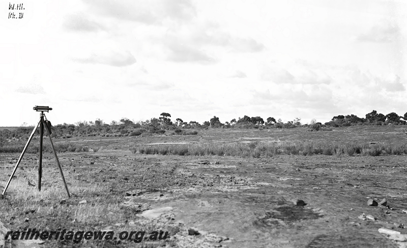 P23467
Water supply catchment, surveyors tripod, Wongan Hills, EM line, ground level view
