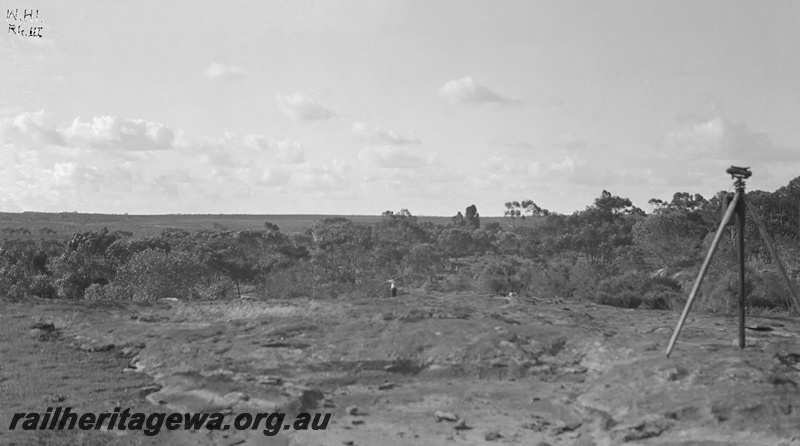 P23469
Water supply catchment, tripod, bush, Wongan Hills, EM line, ground level view
