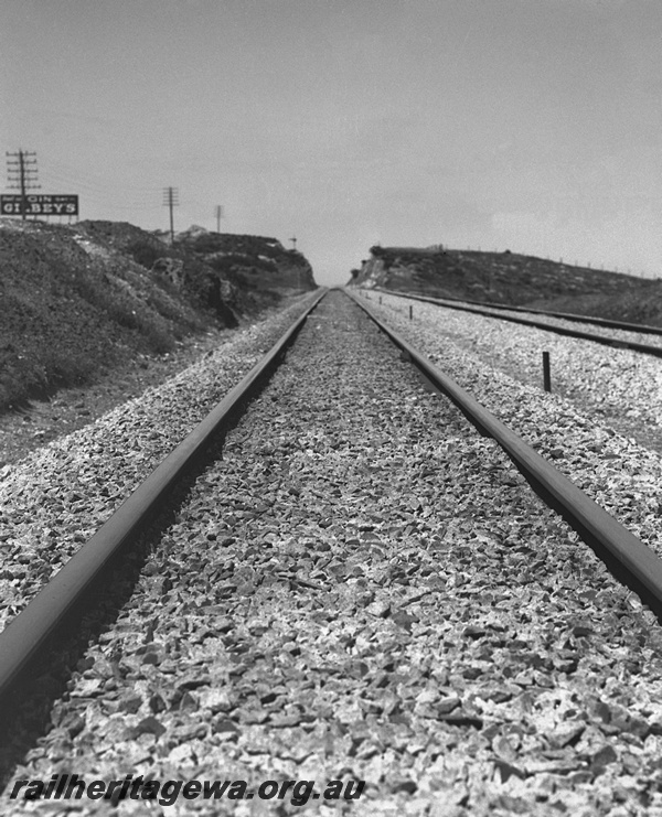 P23493
Track after reballasting, cutting, advertising sign, Mosman Park, ER line, track level view
