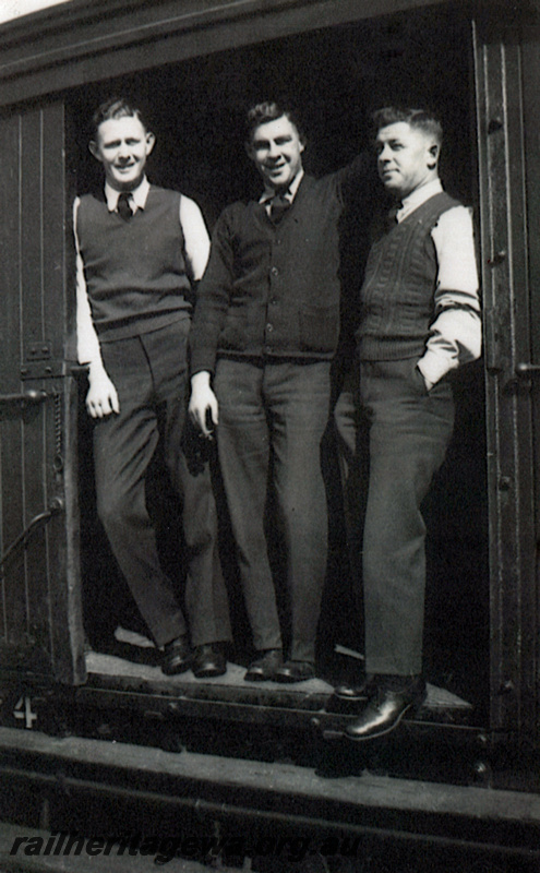 P23516
The RAAF Recruiting Train's three sergeants standing in the open side doorway of brake van Z class 74. From left H. McCarthy(Orderly Room), A. Dermott (Technical Trades), I. Alford ( Recruiting, non technical) 
