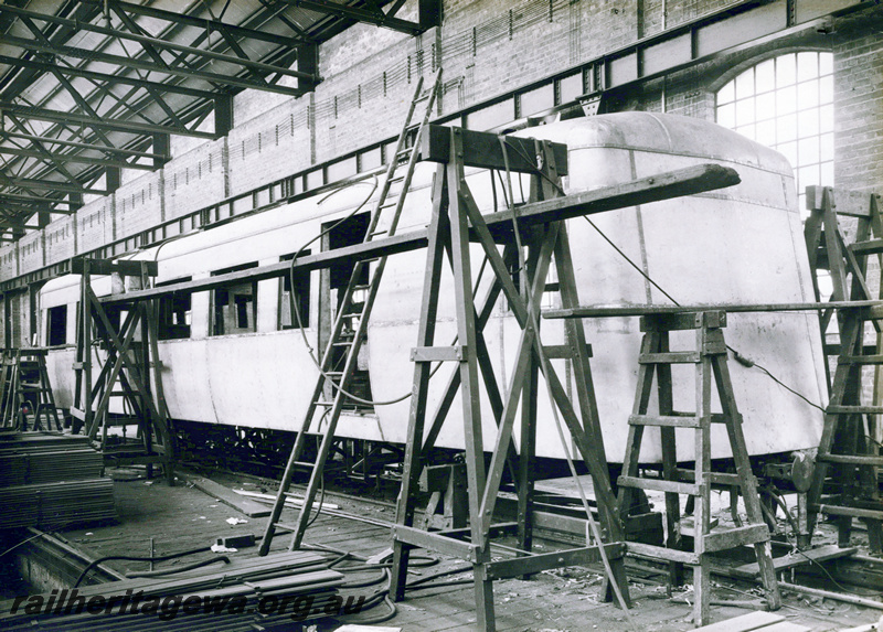 P23524
construction of  the first ADT class railcar trailer for the ADE class railcars. at the Midland  Workshops. 
