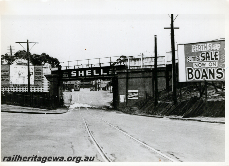 P23558
Mt Lawley Subway  - Guildford Road. Tram lines in photo and tram car in distance.
