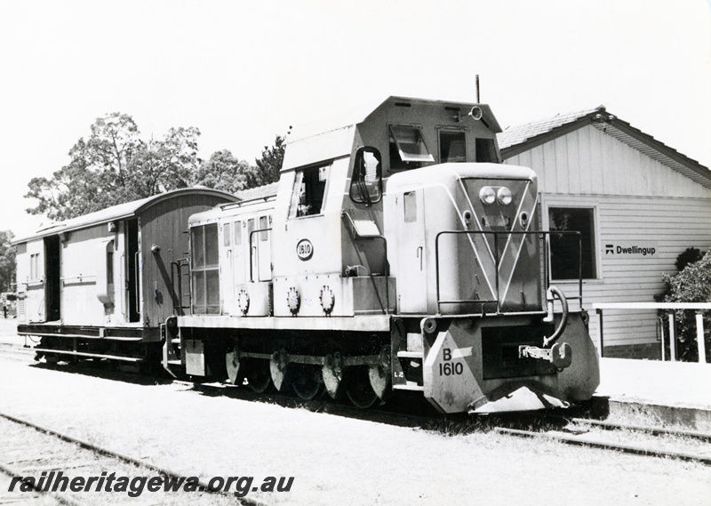 P23576
B class 1610 and Z  class brakevan at Dwellingup. This was a test train from Pinjarra to Dwellingup to assess the suitability of using a B class locomotive on the Branch. PN line.
