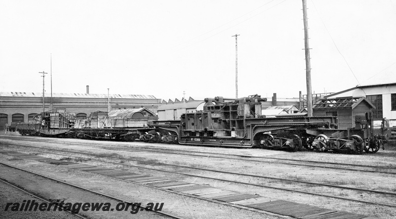 P23816
QX class trolley wagon 2300, QM class wagon, QAS class girder side wagon 1213, workshop buildings, tracks, Midland, ER line, side and end view. See P23818
