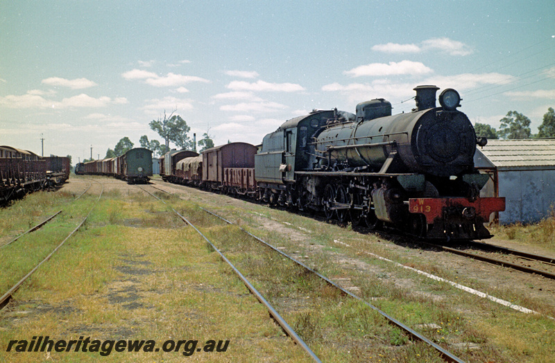 P24189
W class 913, on goods train, vans, wagons, sidings, Manjimup, PP line, side and front view
