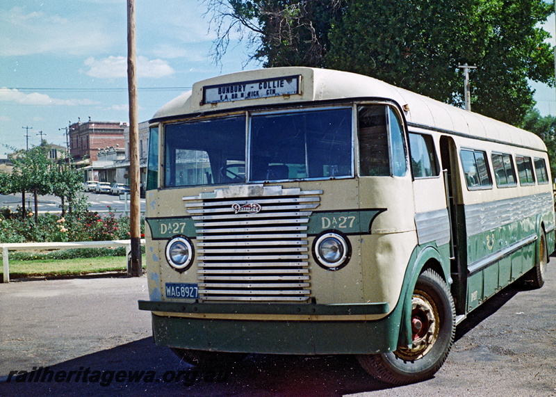 P24204
Railway Road Service  bus Daimler DA 27 WAG8927, on Bunbury to Collie route, Collie, BN line, side and front view
