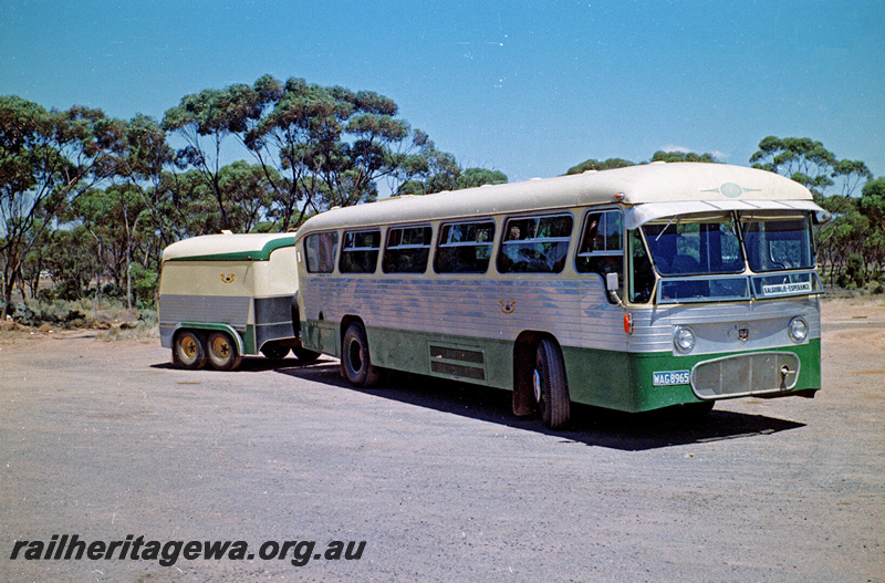 P24205
Railway Road Service  bus Leyland Royal Tiger Cub WAG8965, with trailer, on Kalgoorlie to Esperance route, at Widgiemooltha or Norsemen, CE line, side and front view
