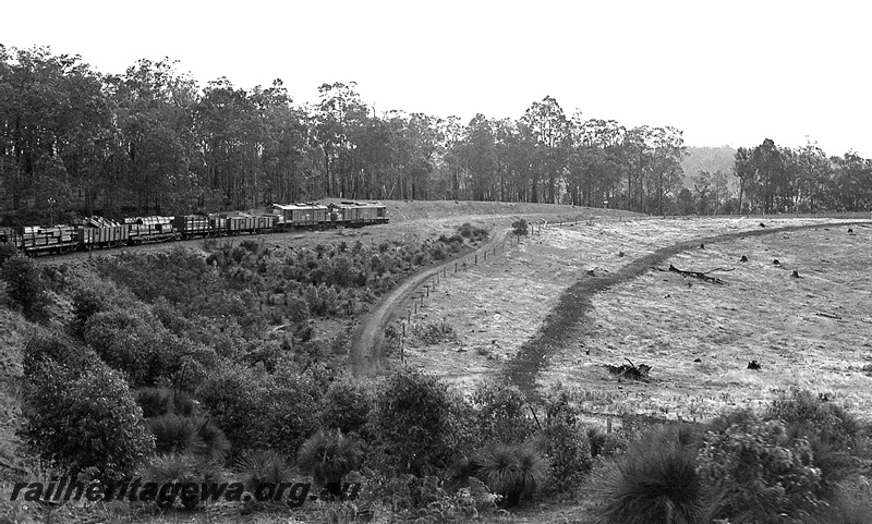 P24246
XB class 1022, XB class 1020, double heading timber train, Cape Horn, between Greenbushes and Balingup, PP line, rear and side view from distance
