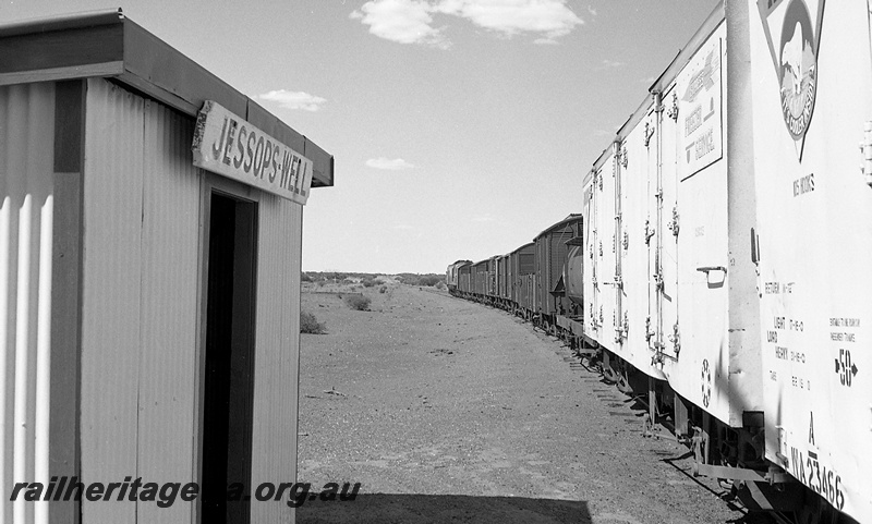 P24290
Diesel hauled goods train including WA class 23466, passing corrugated iron station building, Jessop's Well, KL line, side and end view
