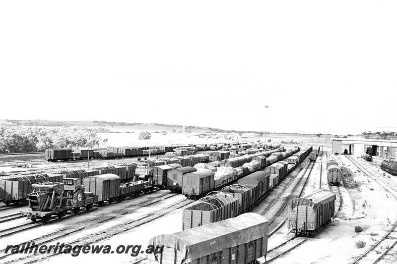 P24400
View of Avon yard, multiple rakes of wagons including covered bulk wheat wagons and flat wagon with tractor, Avon Valley line, end and side views from elevated position
