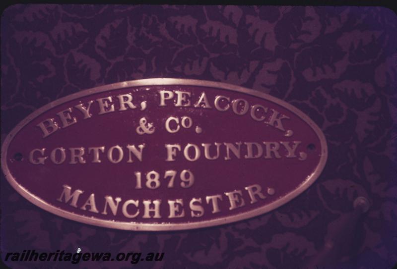 T01802
Builder's plate, Beyer Peacock & Co Gorton Foundry 1879 Manchester
