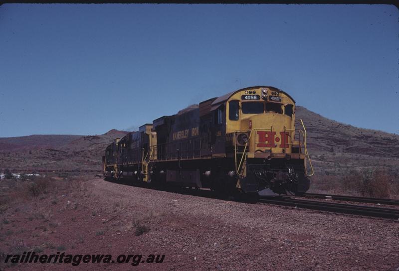T02897
Hamersley Iron Alco locomotives M636 class 4056, M636 class 4034 and M636 class 4054, Tom Price, iron ore train
