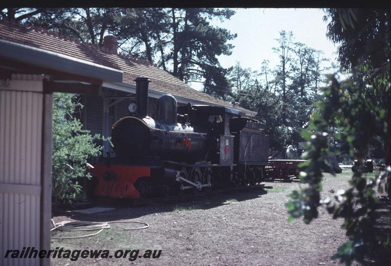 T02910
G class 118, cosmetically restored, in front of the station building at the Kalamunda History Village museum, front and side view.
