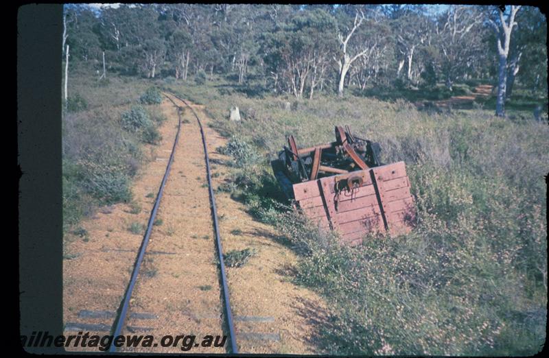 T02981
Derailed wagon upside down next to track, Jarrahdale line
