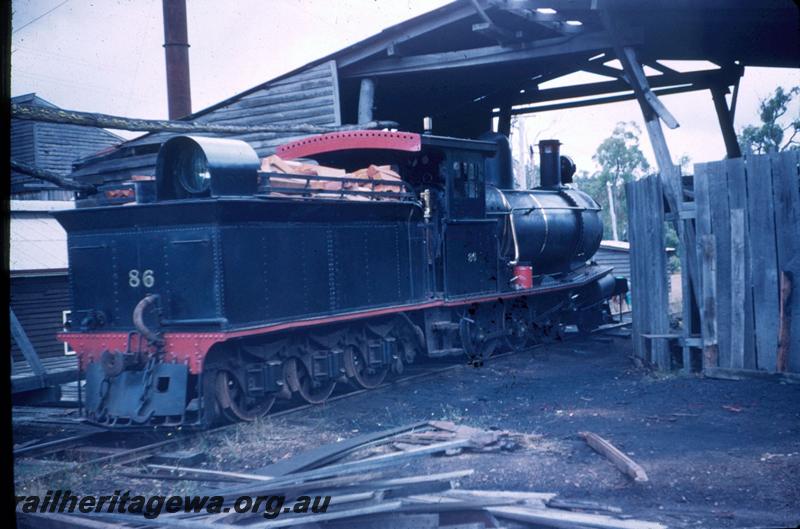 T03077
YX class loco 86, Donnelly Mill, in loco shed, rear view
