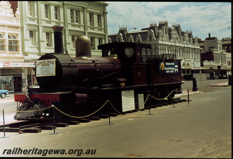 T03111
Millars loco No.71, Perth Station Forecourt, on display for the Westrail Centenary
