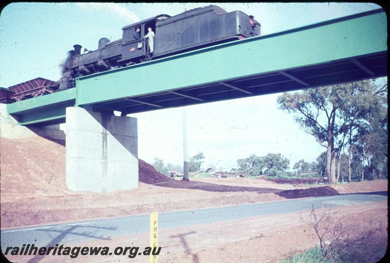 T03170
FS class 413 with high sided self trimming tender, steel girder bridge over South West Highway, Kwinana to Jarrahdale line, during construction, same as T1924
