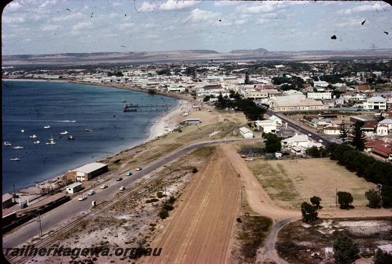 T04352
Geraldton yard in the foreground, town and harbour in the background, elevated view from wheat silo
