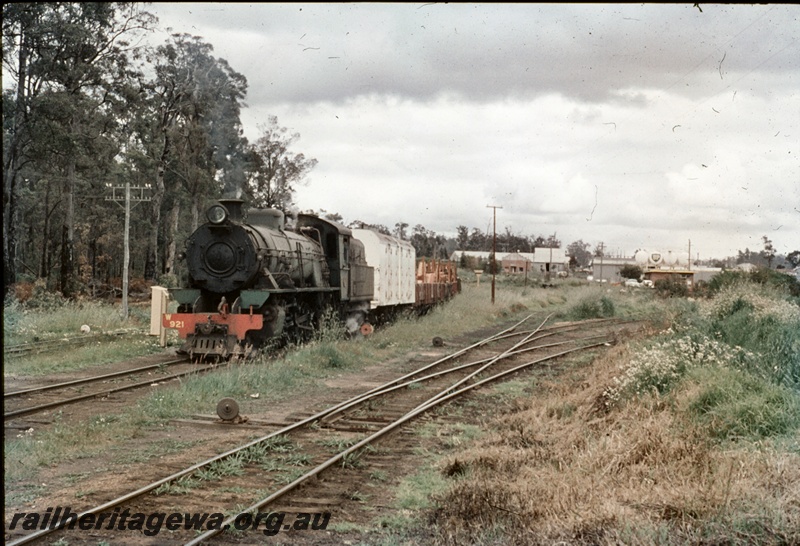 T04706
W class 921 steam locomotive arriving at Manjimup from  Donnybrook with a goods train, cheese knobs, points leading to sidings, PP line.
