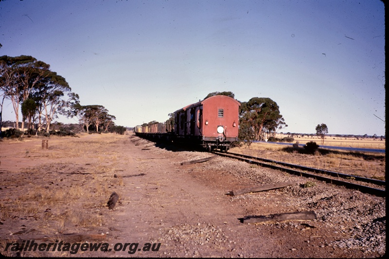 T04949
Diesel loco, in green livery with red and yellow stripe, on rail train comprising flat wagons and van, near Burracoppin, EGR line
