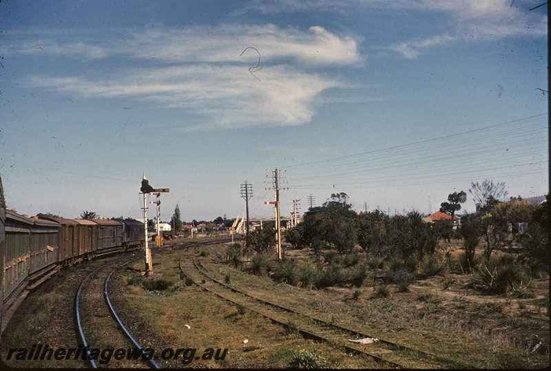 T05010
X class diesel in green livery, on No 72 mixed, awaiting clear line, two bracket signals, two signals, Helena Vale racecourse line on extreme right, pedestrian footbridge, houses, Bellevue, ER line, view along the side of the train from rear
