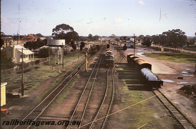 T05299
A class 1503 on the mail, X class 1007 with wagons in the loop, station building, 1st Class goods shed, water tower with a cylindrical tank, inspection pit on the main, water column, gangers shed with trolley, Kellerberrin, EGR line, elevated view looking west
