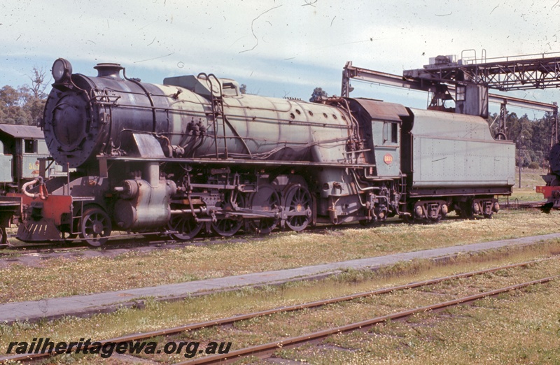 T05367
V class 1213, on scrap road, gantry crane, Collie loco depot, BN line, front and side view
