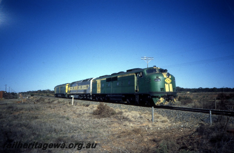 T05402
Australian Railroad Group Australia Southern Railroad GM class 40, CLP class 10, ALF class 19, in green and gold livery, east side of Westrail yard, side and front view
