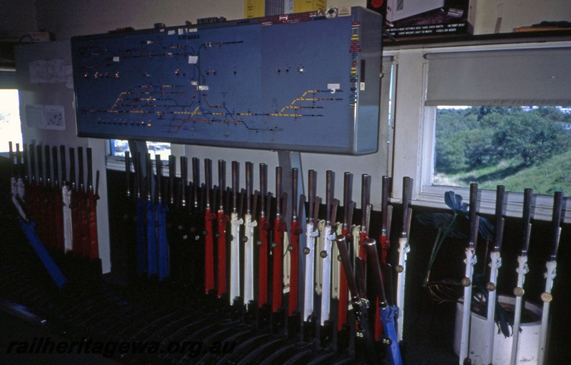 T05404
Interior of signal box, levers, lever frame, track diagram, Kwinana, view from floor level

