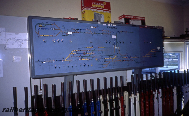 T05405
Interior of signal box, levers, track diagram, Kwinana, view from floor level
