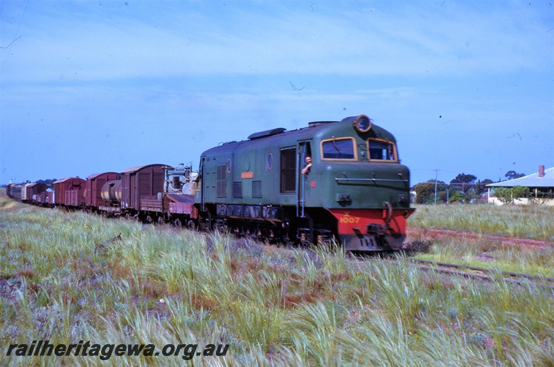 T05436
X class 1007, plain green livery on No. 191 Goods, EGR line, view along the train
