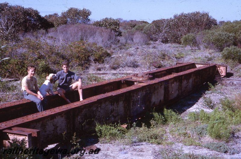 T05445
Derelict turntable, two boys and a dog sitting on the bridge, Hopetoun,  HR line
