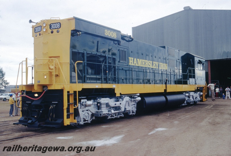 T05544
Hamersley Iron Alco rebuild 3008 at Comengs works Bassendean, long end view.
