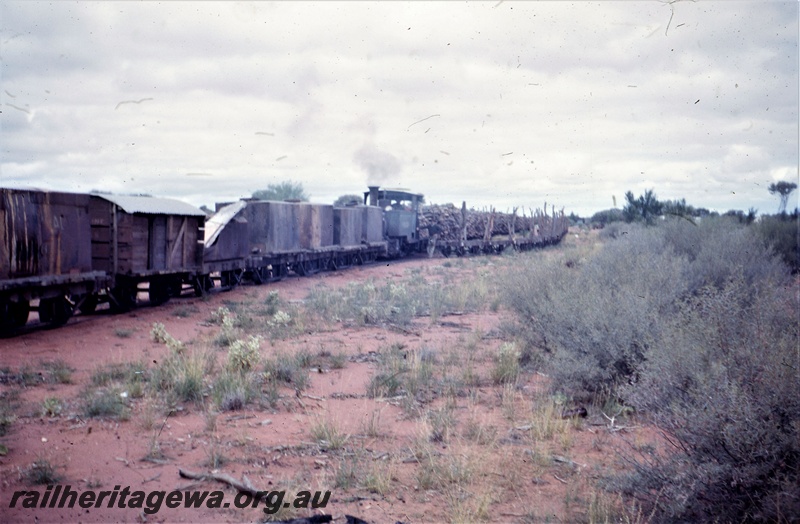 T05590
Son's of Gwalia steam locomotive and wood rake at bush camp near Gwalia.
