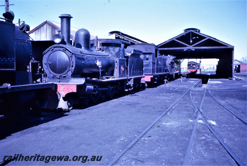 T05614
Fremantle Locomotive Depot G and K class locomotives. Running shed in background. ER line
