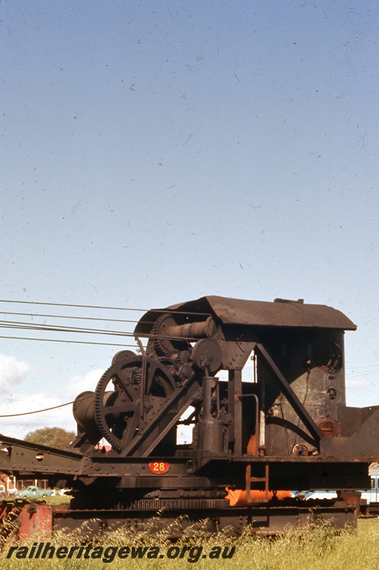 T05664
Steam crane No. 26, East Perth Loco Depot, front and side view of the cab showing the piston and winding gear
