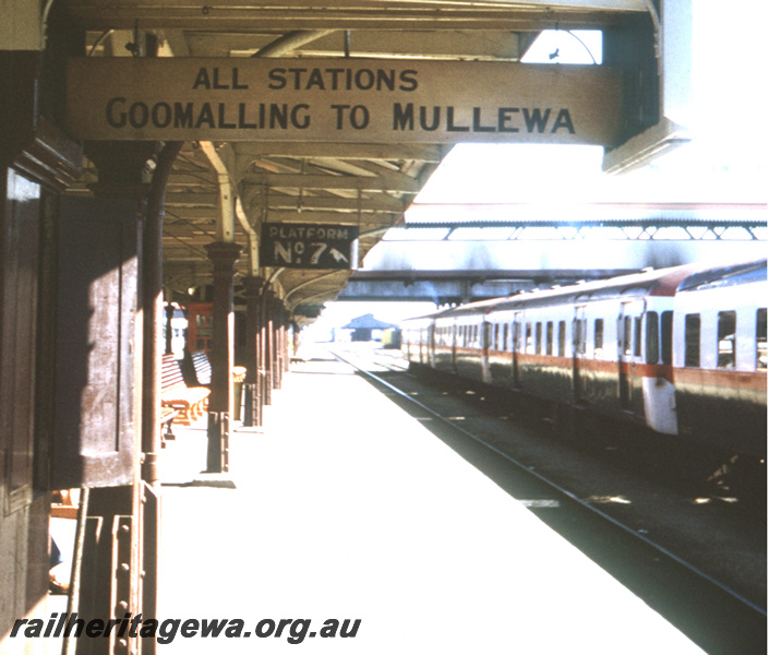 T05682
Perth Station - all stations Goomalling to Mullewa destination board.  ADG and ADA railcar in background. ER line.
