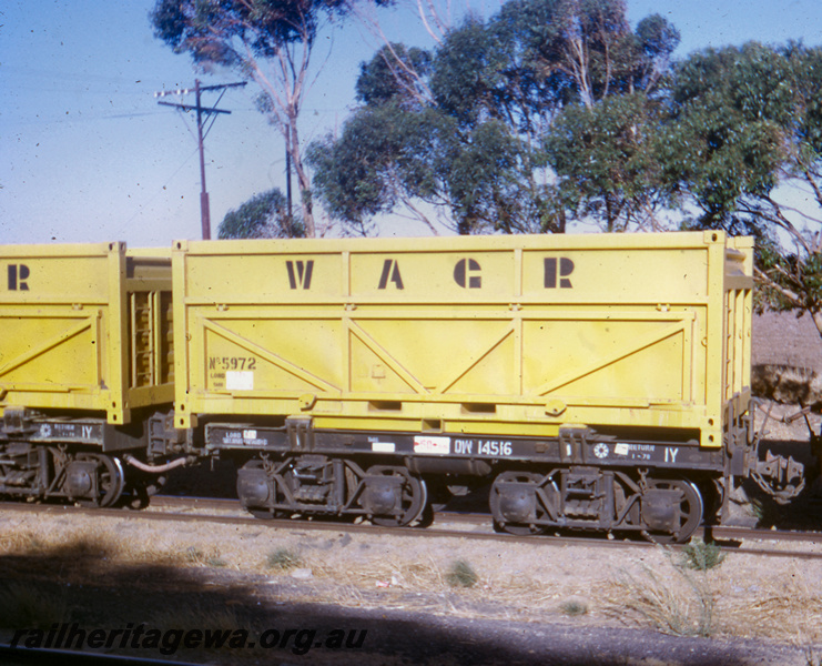 T05691
QW class 14516 wagon  with mineral sands container. These wagons converted from W class tenders were used for the Eneabba to Geraldton minerals sands traffic. 
