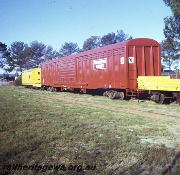 T05732
Commonwealth Railways (CR) VFX class wagon built new by Comeng WA at Bassendean works on narrow gauge transfer bogies to be transferred to Parkeston. ER line. 
