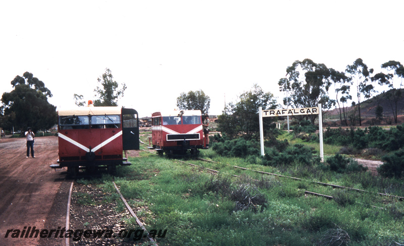 T05754
Boulder Loopline Railway  - two Wickham rail cars at Trafalgar siding, station nameboard in photo.  B line.
