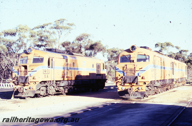 T05779
XA class 1401 and XA class 1406 on adjacent tracks, Both in the Westrail orange with blue stripe livery, front and side views
